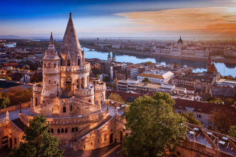 Budapest skyline at sunset along the Danube River