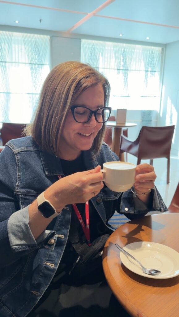 Amy Urquhart enjoying a cappuccino in The Living Room during her Viking Mars ship tour.