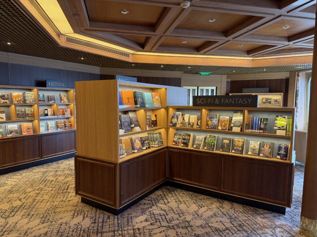 Extensive library aboard Holland America Volendam with fiction, mystery and science fiction sections
