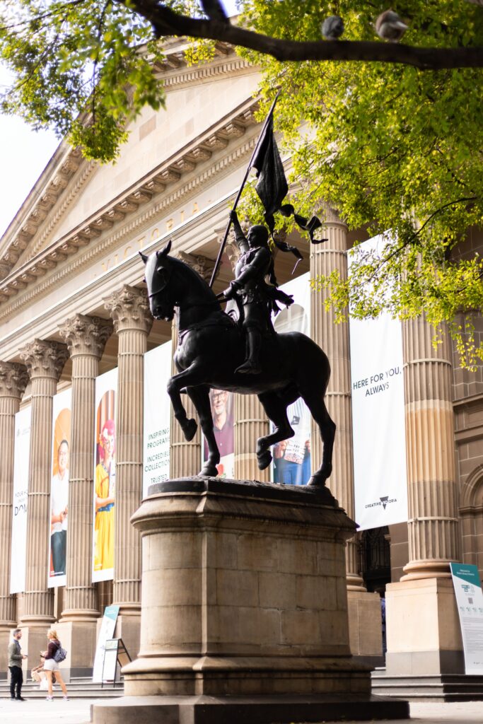 Bronze Joan of Arc statue outside the State Library, Melbourne.