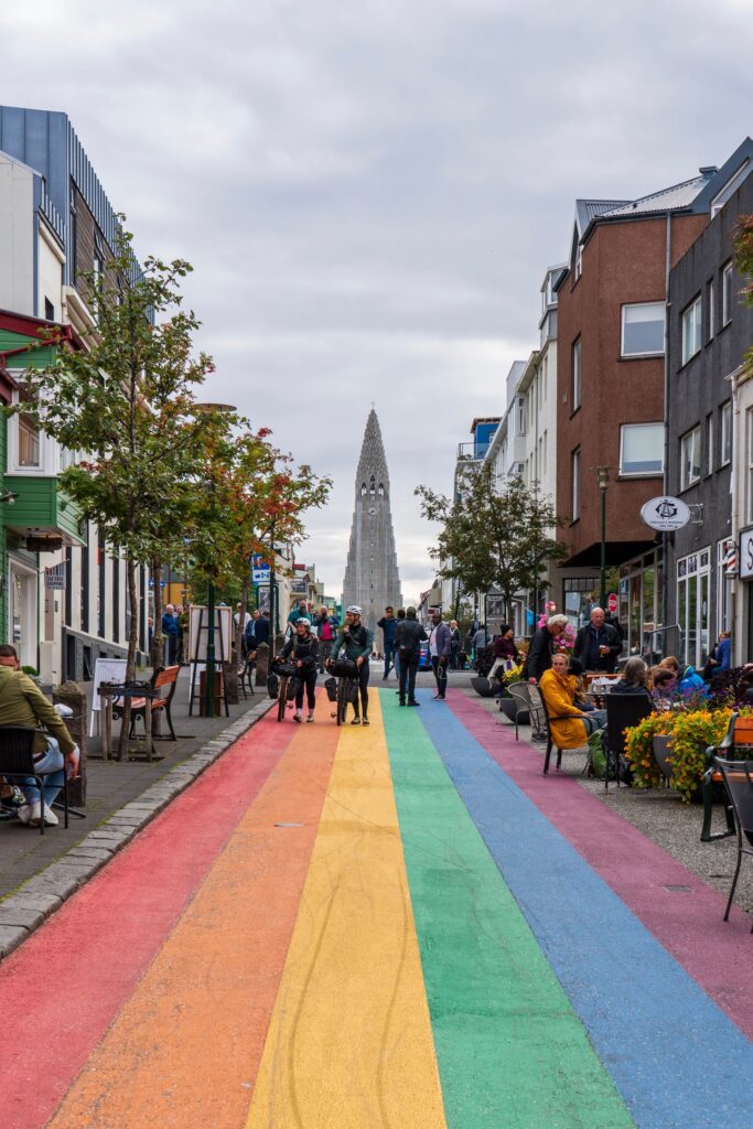 Reykjavík street leading toward Hallgrímskirkja in Iceland