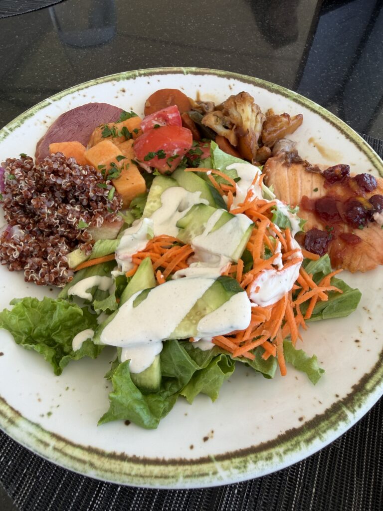 fresh plate of lunch with salad and salmon